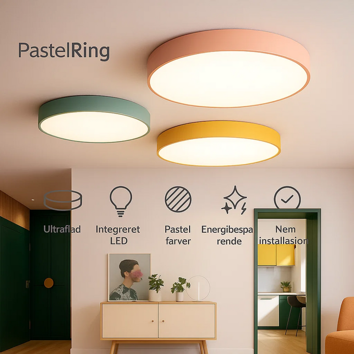 Elegant LED loftlampe i pastelfarver. PastelRing design for rolig og moderne indendørs belysning.
