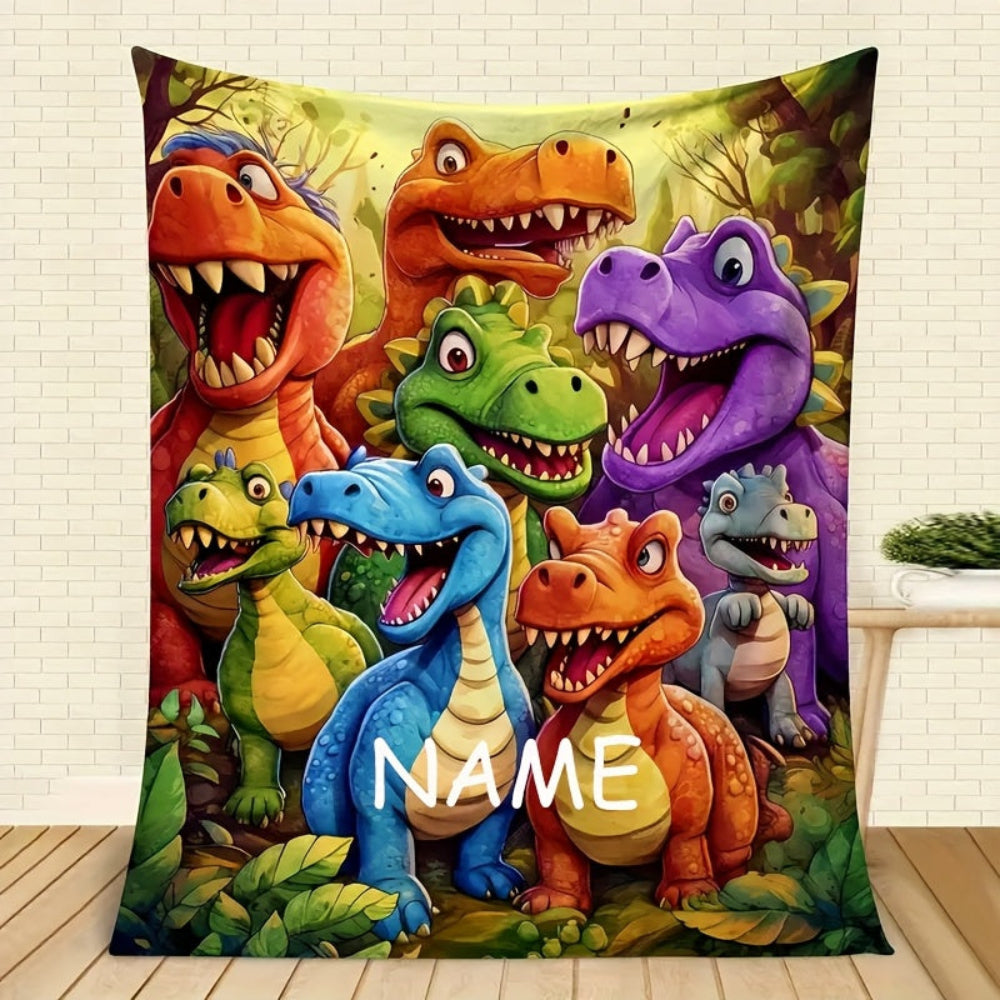 Blødt dinosauertæppe i flonel med personligt navn, den perfekte gave til børn og deres værelse.