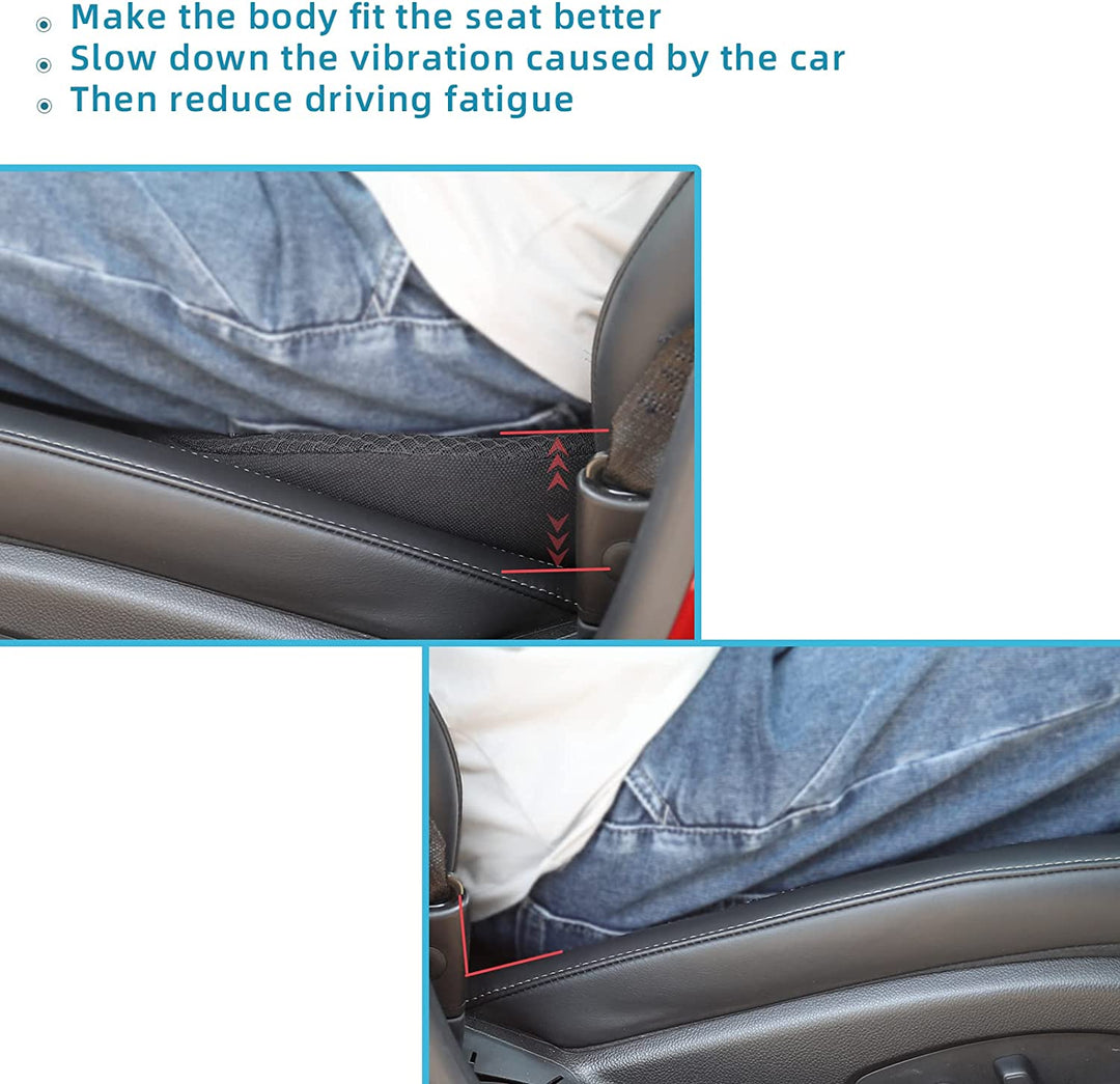 Sort memory foam bilsædehynde, der giver ekstra højde og komfort i bilen.