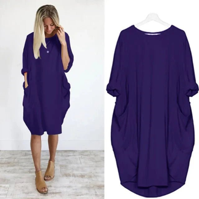 Plus size damekjole med lommer, løs og behagelig til alle kropstyper.