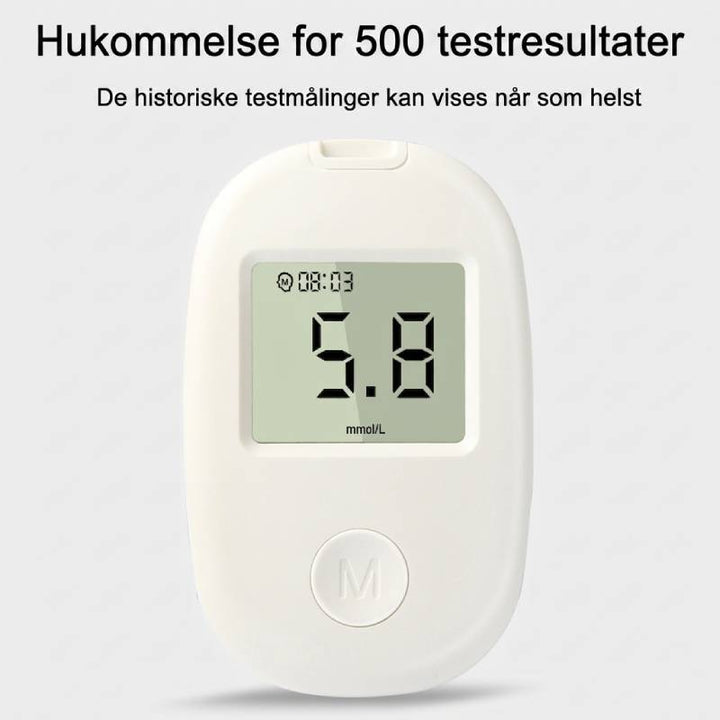 Komplet diabetesmålesæt med blodsukkermåler og tilbehør til bærbar brug.