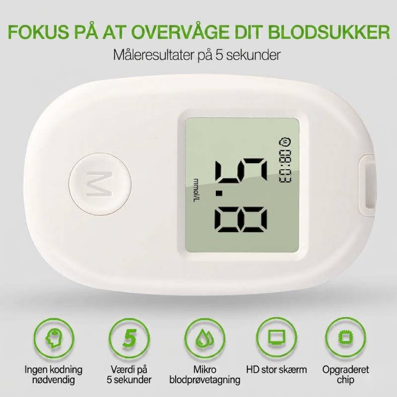 Kompakt og bærbar glukometer. Perfekt til hurtig og præcis blodsukkermåling på farten.