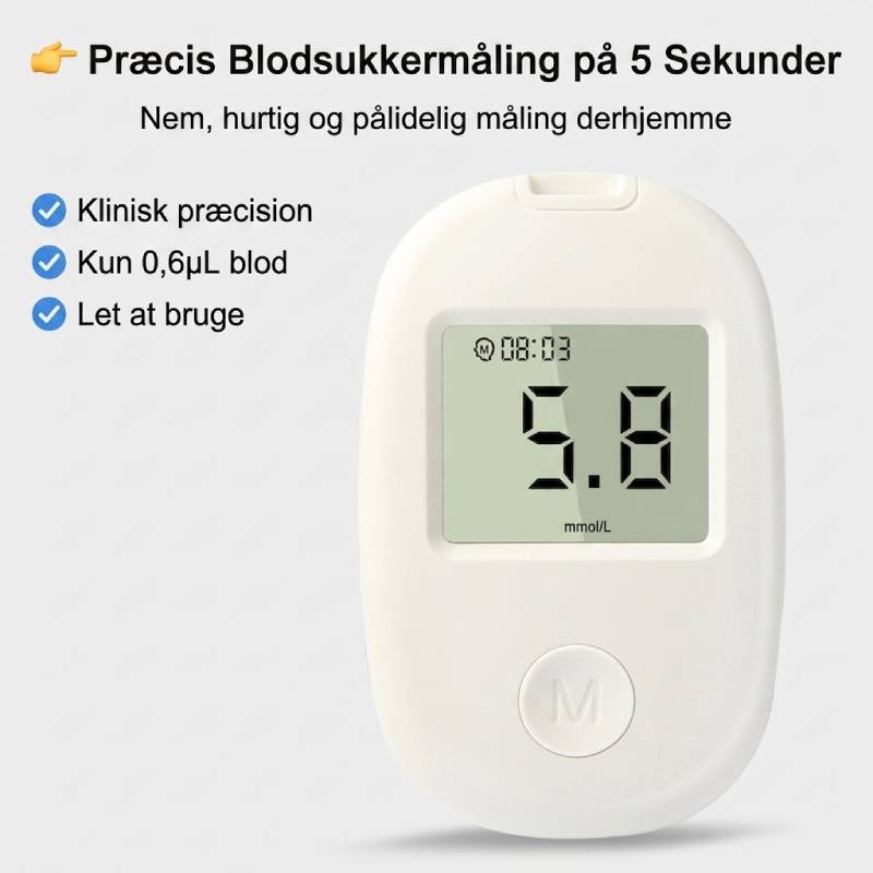 Brugervenlig blodsukkermåler der sikrer nem og hurtig glukosemåling i hverdagen.