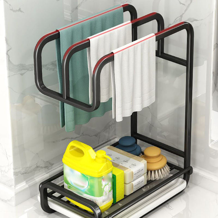 Smart køkkenvask organizer med tørrestativ. Robust plastik/metal design til svampe og klude, fremmer hygiejne.