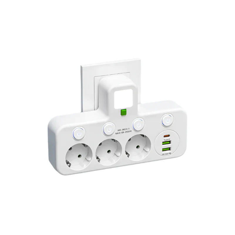 Praktisk multistikdåse med USB- og Type-C-opladning, perfekt til hjemmekontoret og rejser.