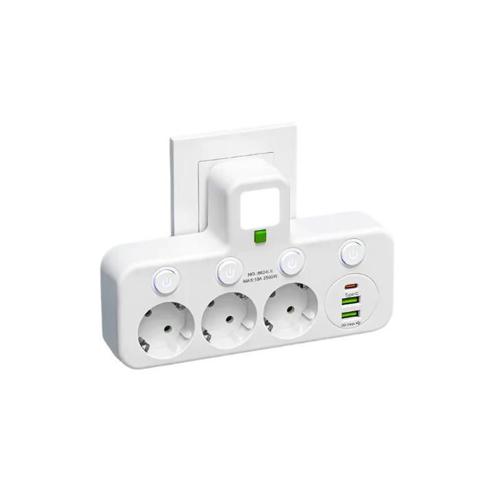 Praktisk multistikdåse med USB- og Type-C-opladning, perfekt til hjemmekontoret og rejser.