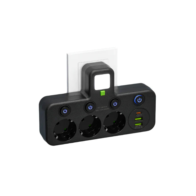 Effektiv multistikdåse med USB, Type-C og børnesikring; uundværlig for moderne hjem og kontorer.