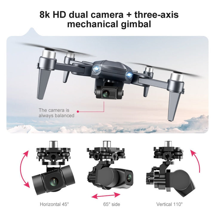 Drone med avanceret dobbelt 8K-kamera for ultra-HD luftfoto og videooptagelse med stabilisering.