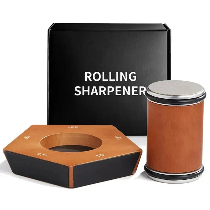 Ergonomisk rulleskærper for nem slibning. Manuelt slibesystem med diamantsten giver professionel skarphed til knive.
