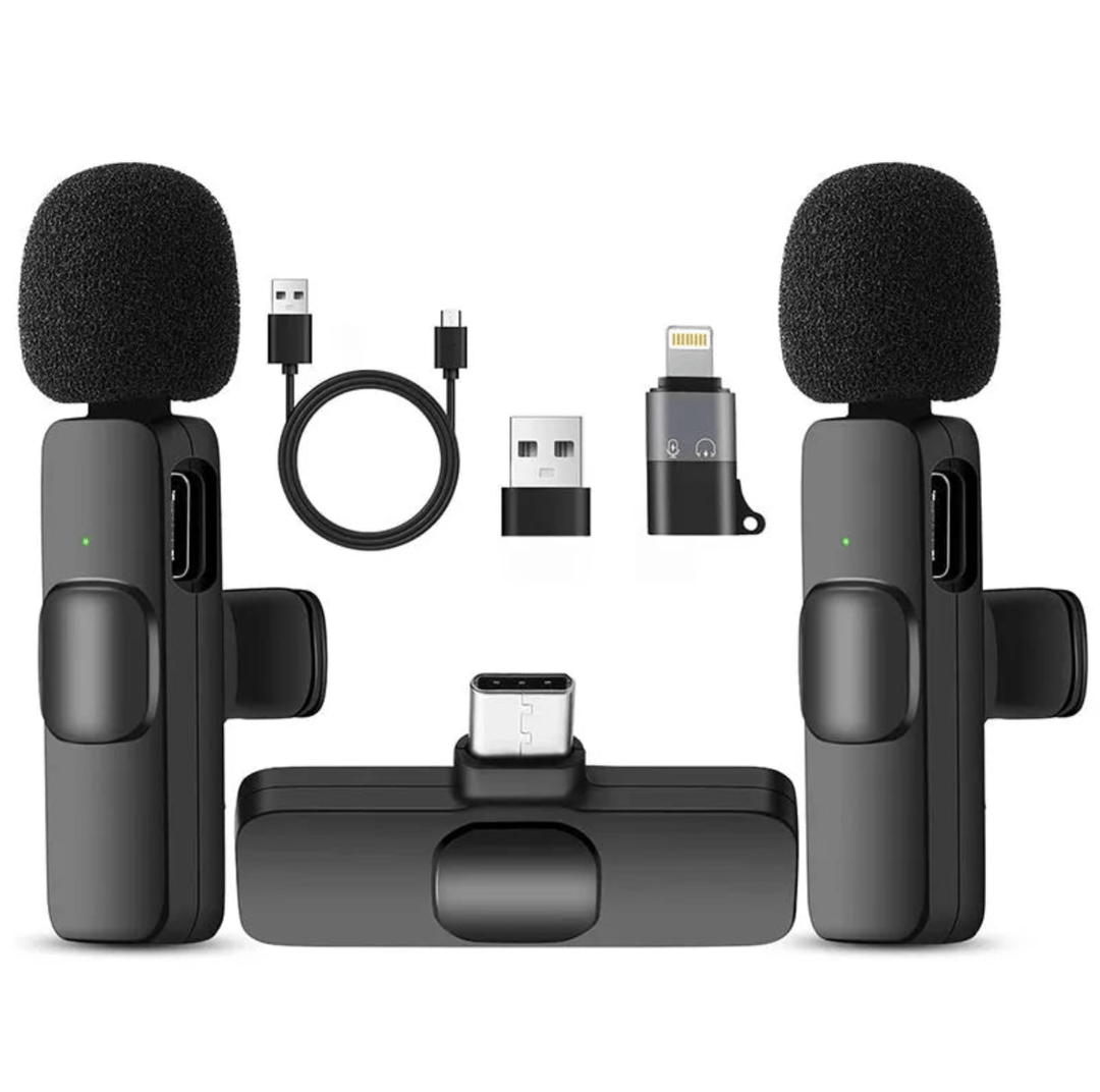 Trådløs mikrofon til iPhone, Android og laptop, sikrer professionel lyd til alle dine enheder.
