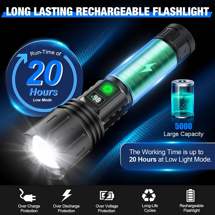 Kraftig UltraBeam 100.000 lumen LED lommelygte. Opladelig, vandtæt design, fungerer som powerbank.