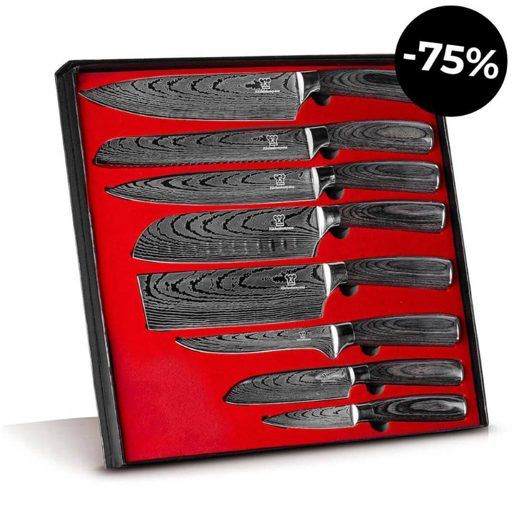 Hele 8-dels professionelt køkkenknivsæt med kokke-, santoku- og utilityknive i rustfrit stål.