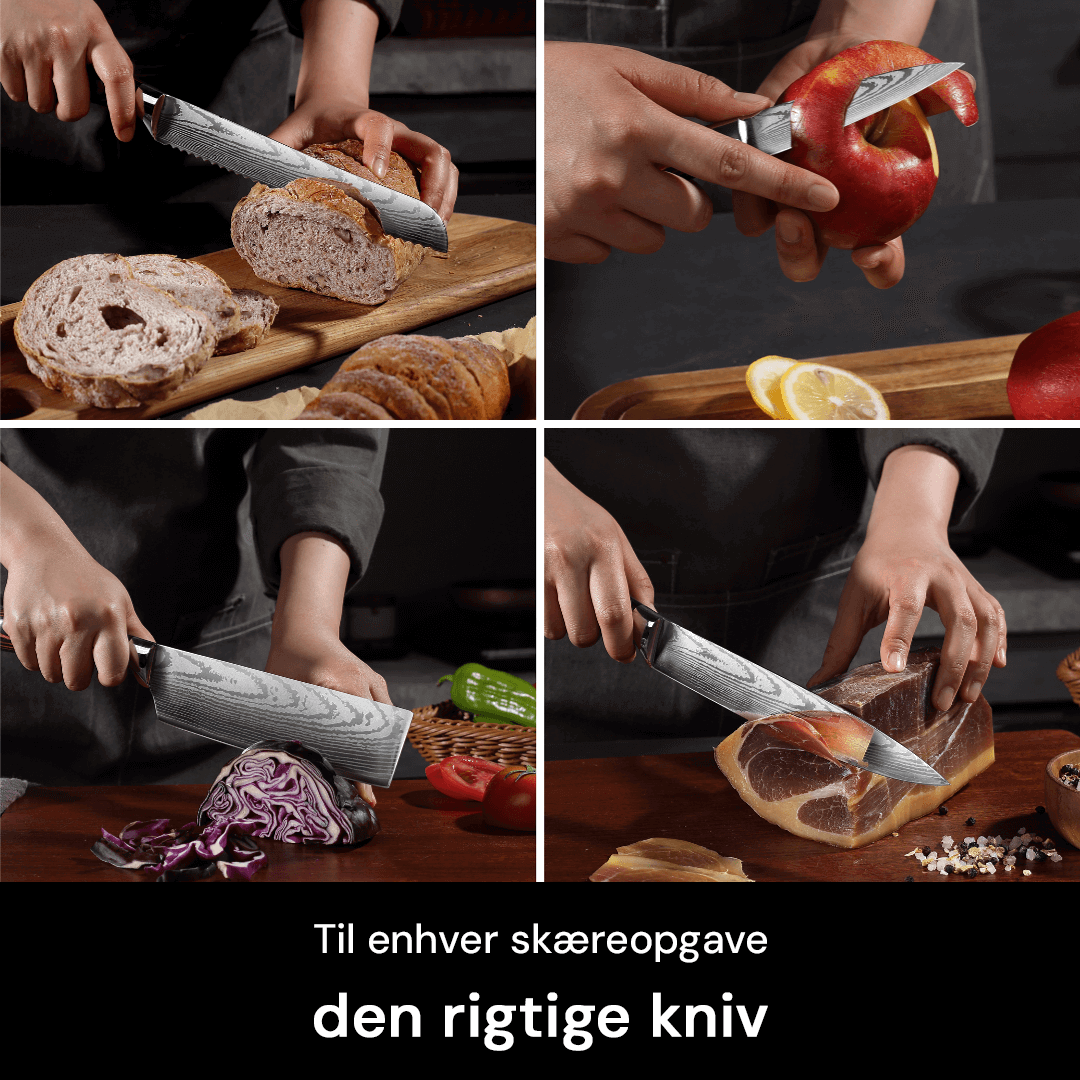 Premium rustfrit stål køkkenknivsæt. Pakkawood greb & epoxy harpiksdetaljer for den professionelle kok.