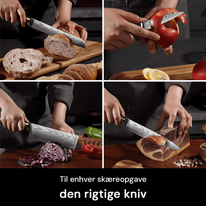 Premium rustfrit stål køkkenknivsæt. Pakkawood greb & epoxy harpiksdetaljer for den professionelle kok.
