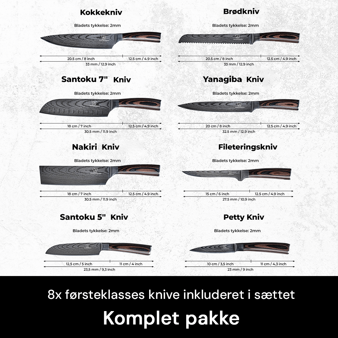 Detalje af pakkawood og epoxy harpiks håndtag på professionelt 8-dels køkkenknivsæt.