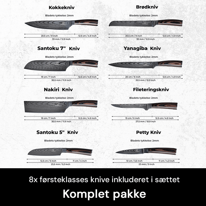 Detalje af pakkawood og epoxy harpiks håndtag på professionelt 8-dels køkkenknivsæt.