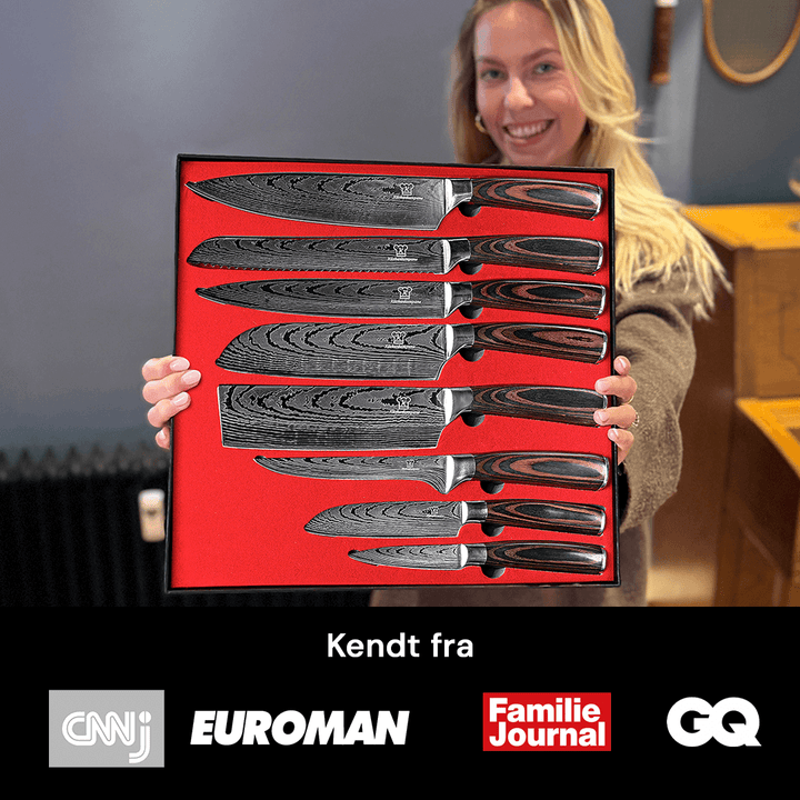 Professionelt 8-dels køkkenknivsæt i høj kvalitet med rustfrit stål for seriøs madlavning.
