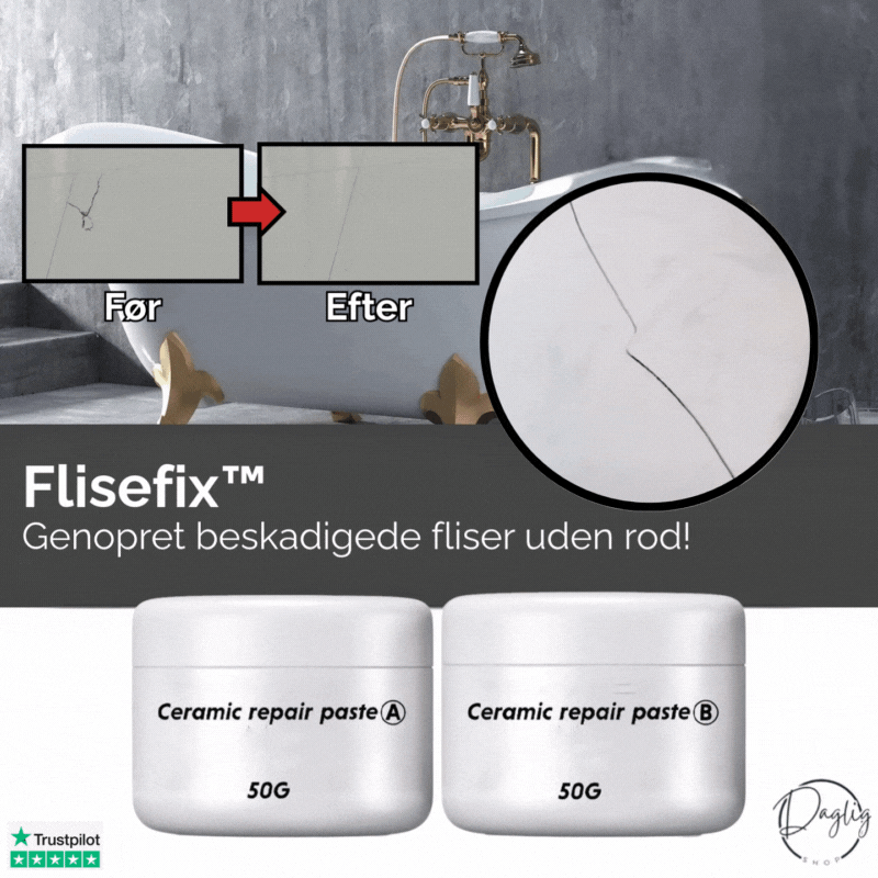 Professionelt flisereparationskit. Fiks revner og skader i fliser, porcelæn & emalje i badeværelse og køkken.