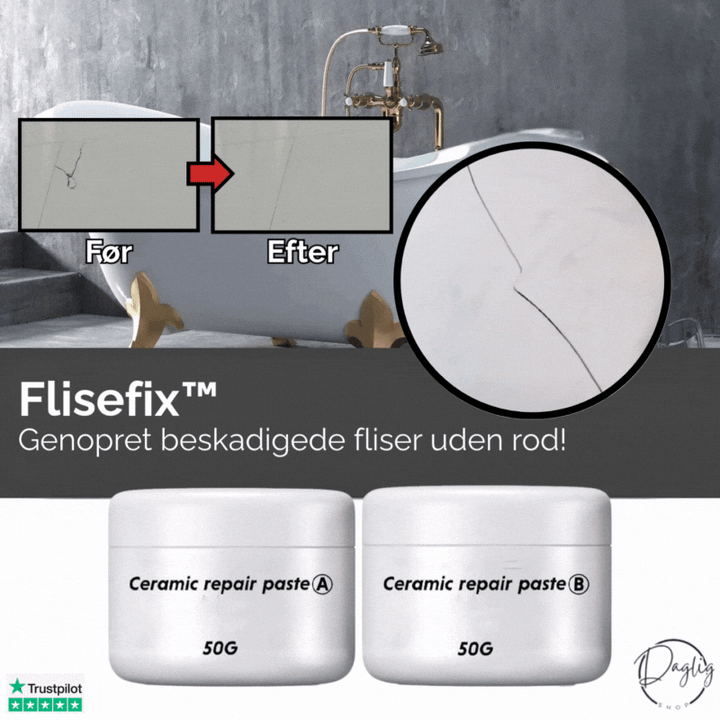 Professionelt flisereparationskit. Fiks revner og skader i fliser, porcelæn & emalje i badeværelse og køkken.