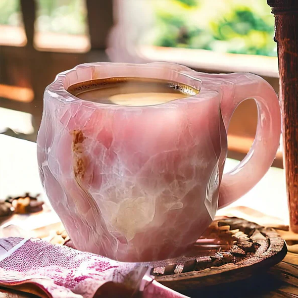 Farverigt Quartzura krus med unikt krystaldesign. Opløft din kaffe og morgenrutine.