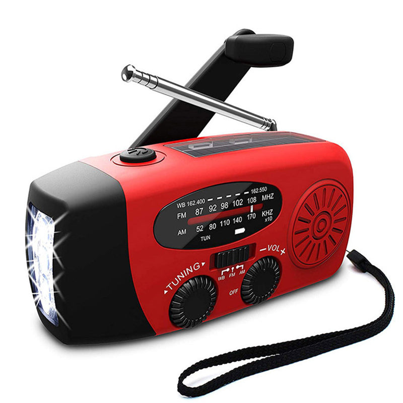 Rød og sort nødradio med FM/AM, lommelygte, solcelle og powerbank; et must-have til udendørs brug.