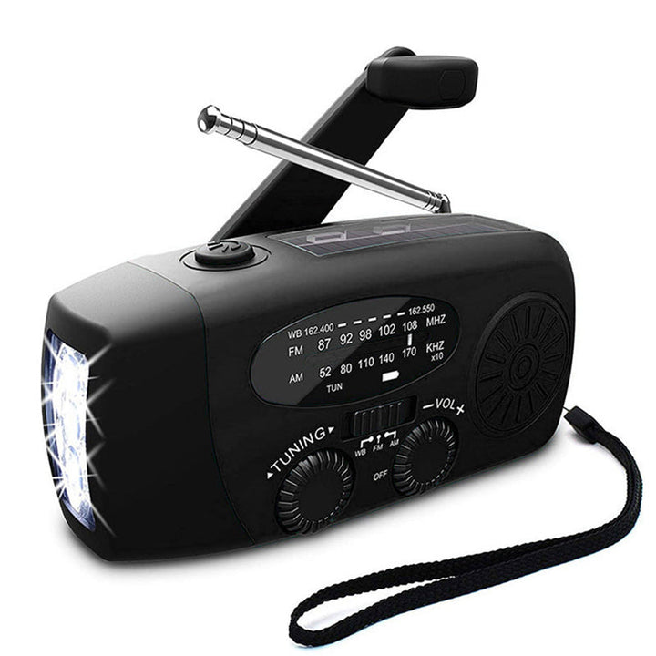 Komplet selvforsynende nødradio med FM/AM, lommelygte, powerbank, håndsving og solcelle; perfekt til kriseberedskab.