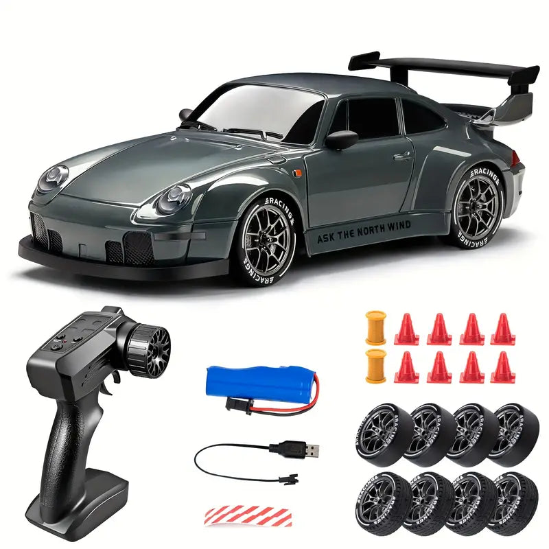 RC driftbil 1:24 med 4WD & LED-lys. Genopladelig fjernstyret racerbil; sjovt legetøj for børn og voksne indendørs/udendørs.