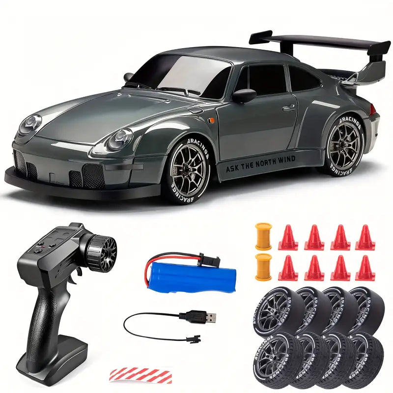 RC driftbil 1:24 med genopladeligt batteri. Denne 4WD fjernstyrede racerbil med LED-lys sikrer lang spilletid.