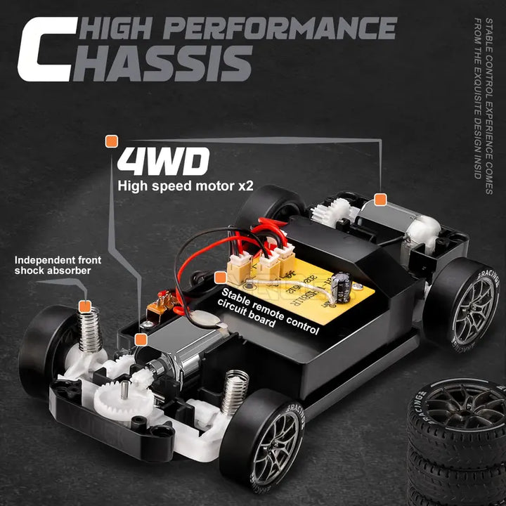 Robust RC driftbil 1:24 kører udendørs. Denne 4WD genopladelige racerbil med LED-lys er klar til enhver udfordring.