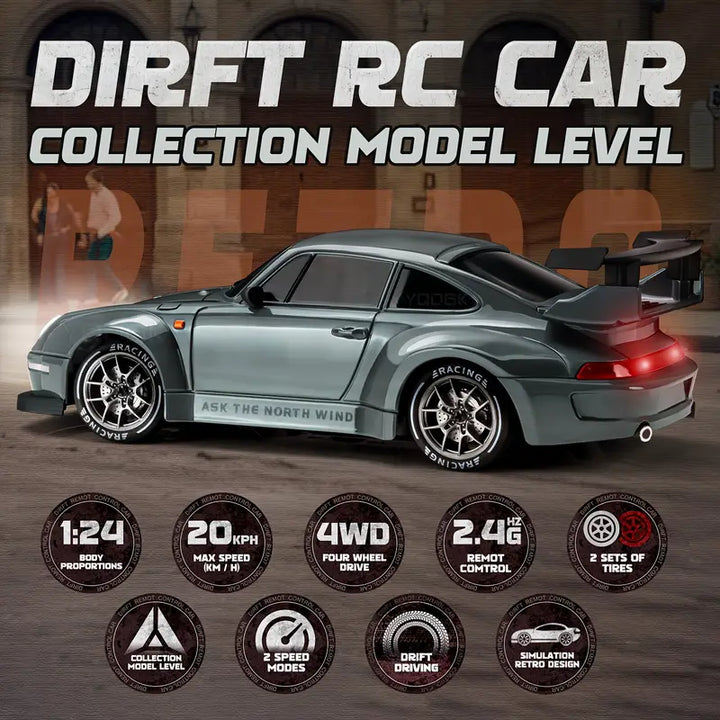 Fronten af RC driftbil 1:24 med tændte LED-lys. Denne 4WD fjernstyrede racerbil er klar til drift og fart.