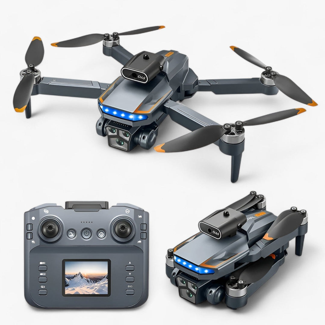 "RC drone med 8K kamera flyver i fri luft, letvægtsdesign i orange og sort, avanceret forhindringsundgåelse."