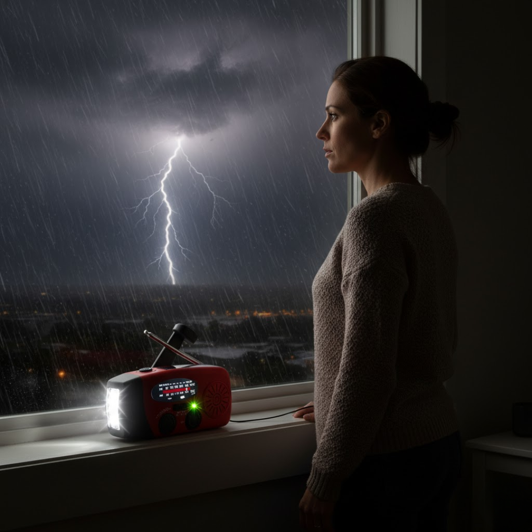 ReadyWave nødradio fra siden, viser USB-porte til opladning og powerbank-funktion.