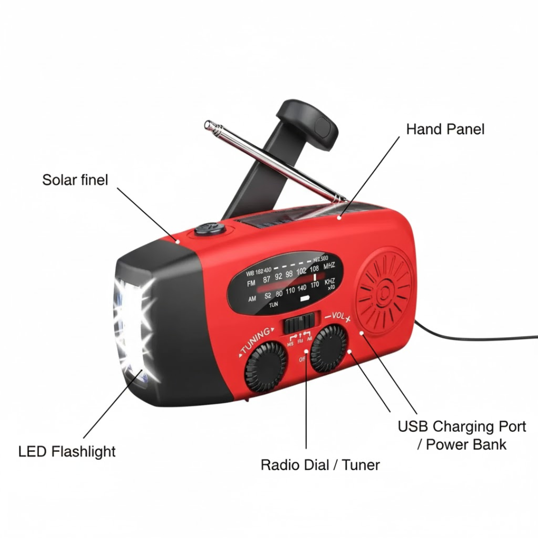 ReadyWave nødradio: håndsving, solceller, powerbank, lommelygte, AM/FM/NOAA radio.
