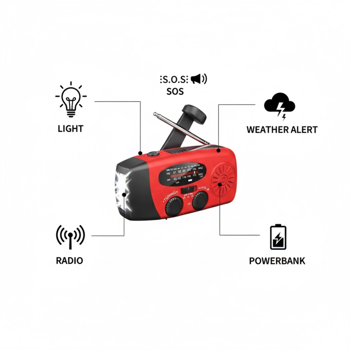 Kompakt ReadyWave håndsvingradio med solpanel, ideel som overlevelsesudstyr og nødhjælp.