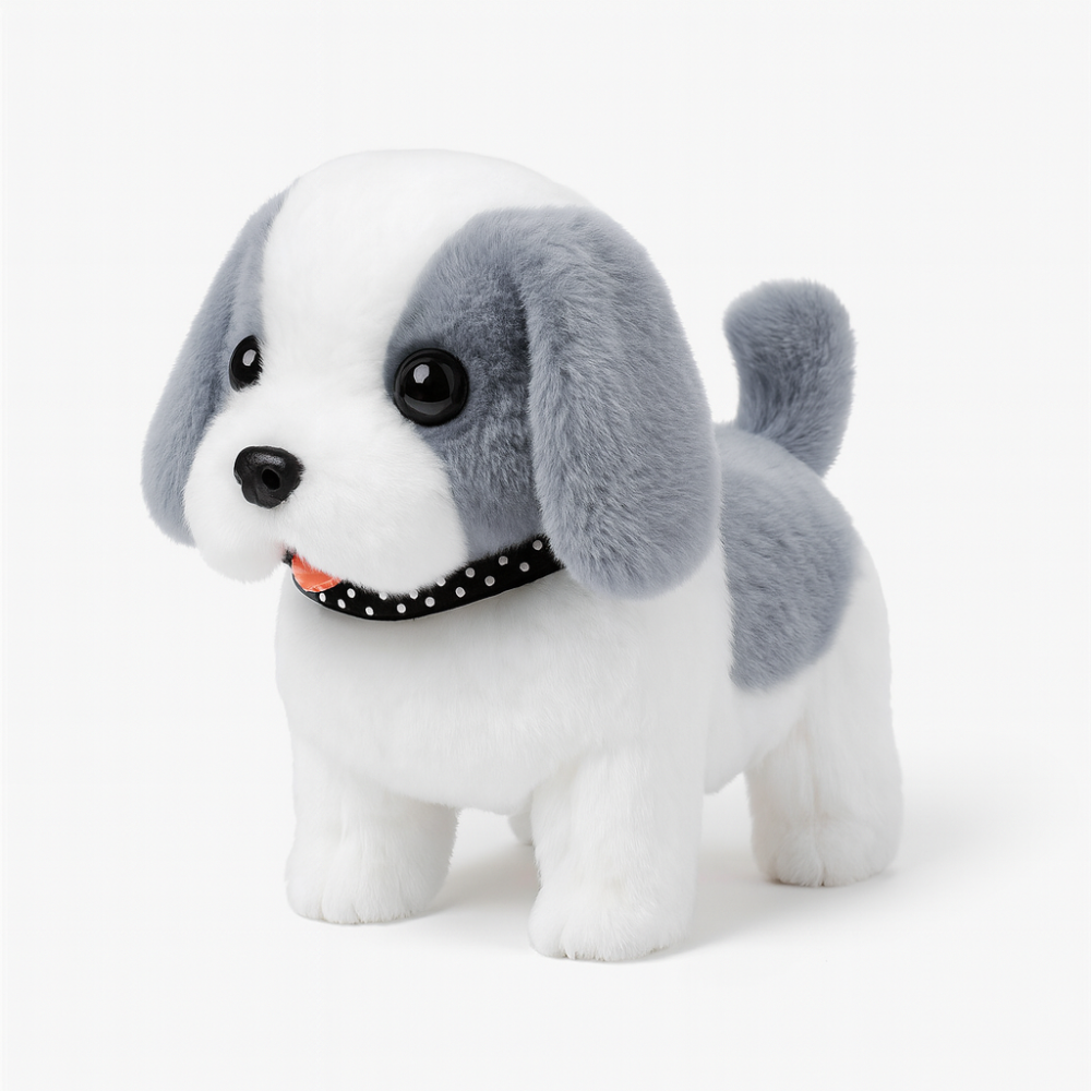 Pelsklædt interaktiv hund, et gående og gøende robotdyr for sjov og underholdning.