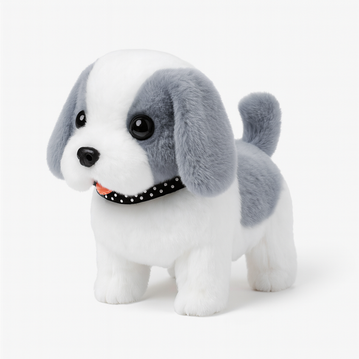 Pelsklædt interaktiv hund, et gående og gøende robotdyr for sjov og underholdning.