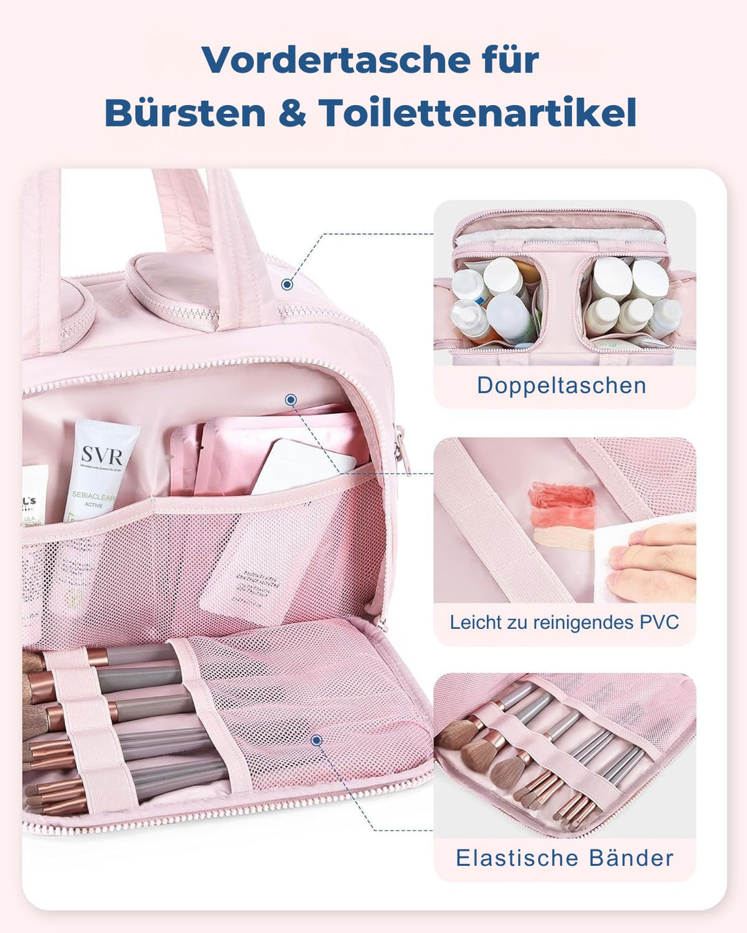 Smart hængende toilettaske. Pladsbesparende opbevaring for kvinder på rejse.