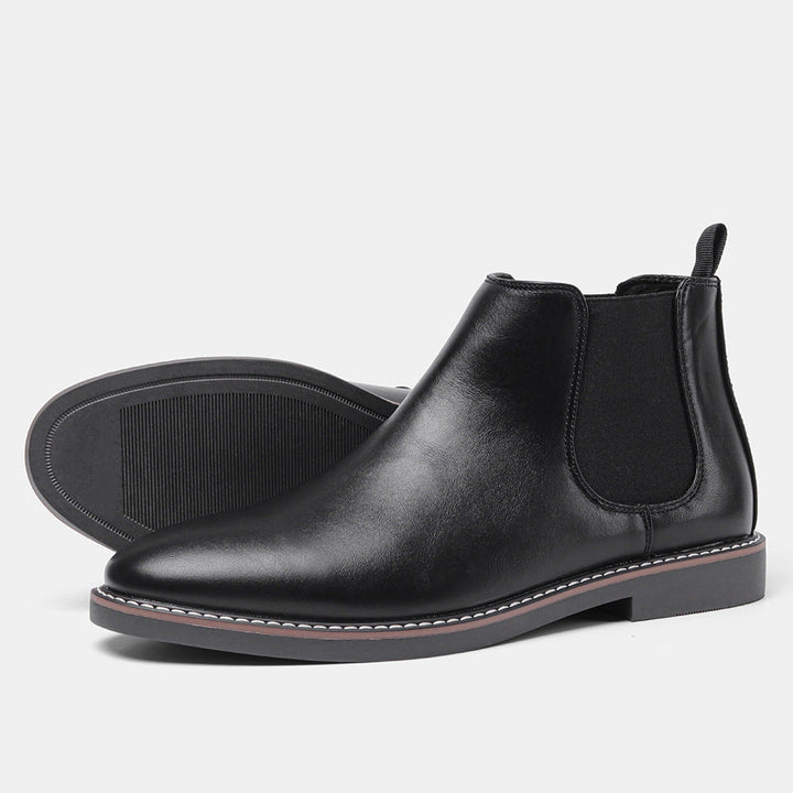 "Retro Chelsea-støvler til mænd, brun læder, slip-on design, polstrede indersåler, gummisåler for optimal komfort."