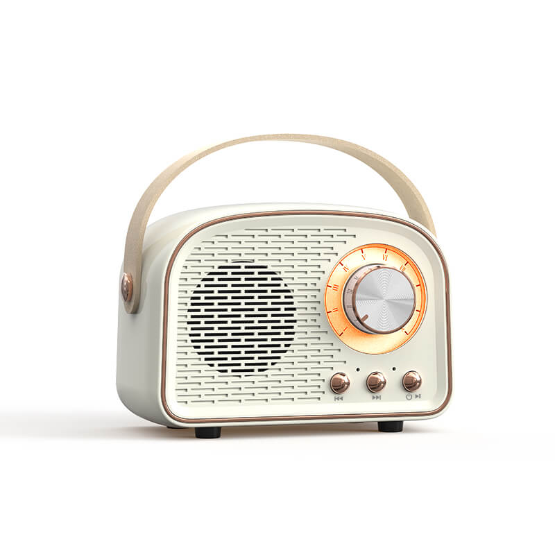 Retro rund Bluetooth højttaler med klart lyd og stilfuldt vintage design. Perfekt bærbar musikafspiller.