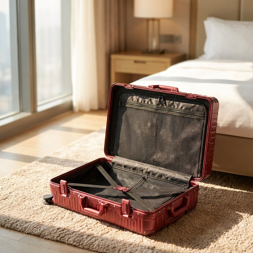 Robust Travelion rejsekuffert med hård skal i aluminium, perfekte til sikker rejsebagage.