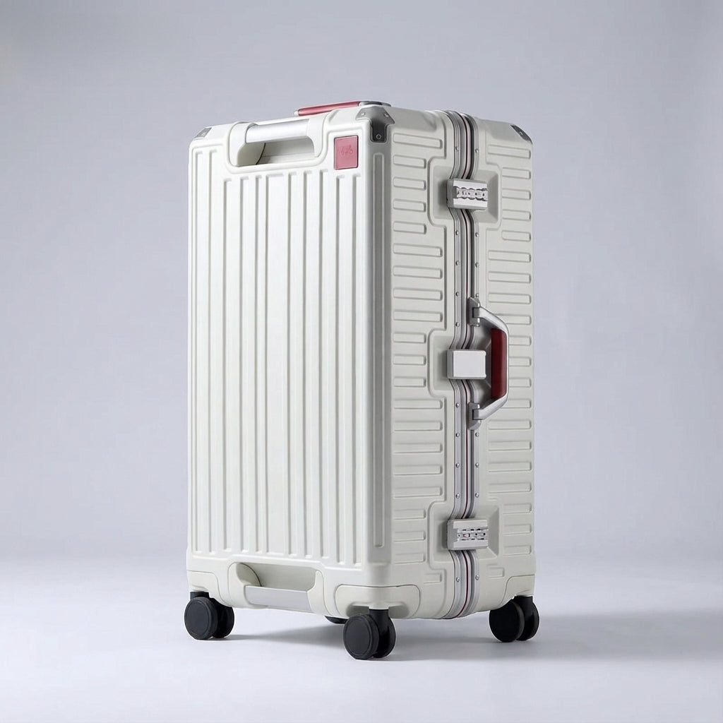 Aluminiumforstærket Travelion kuffert med hård skal, smidige drejehjul og robust design.