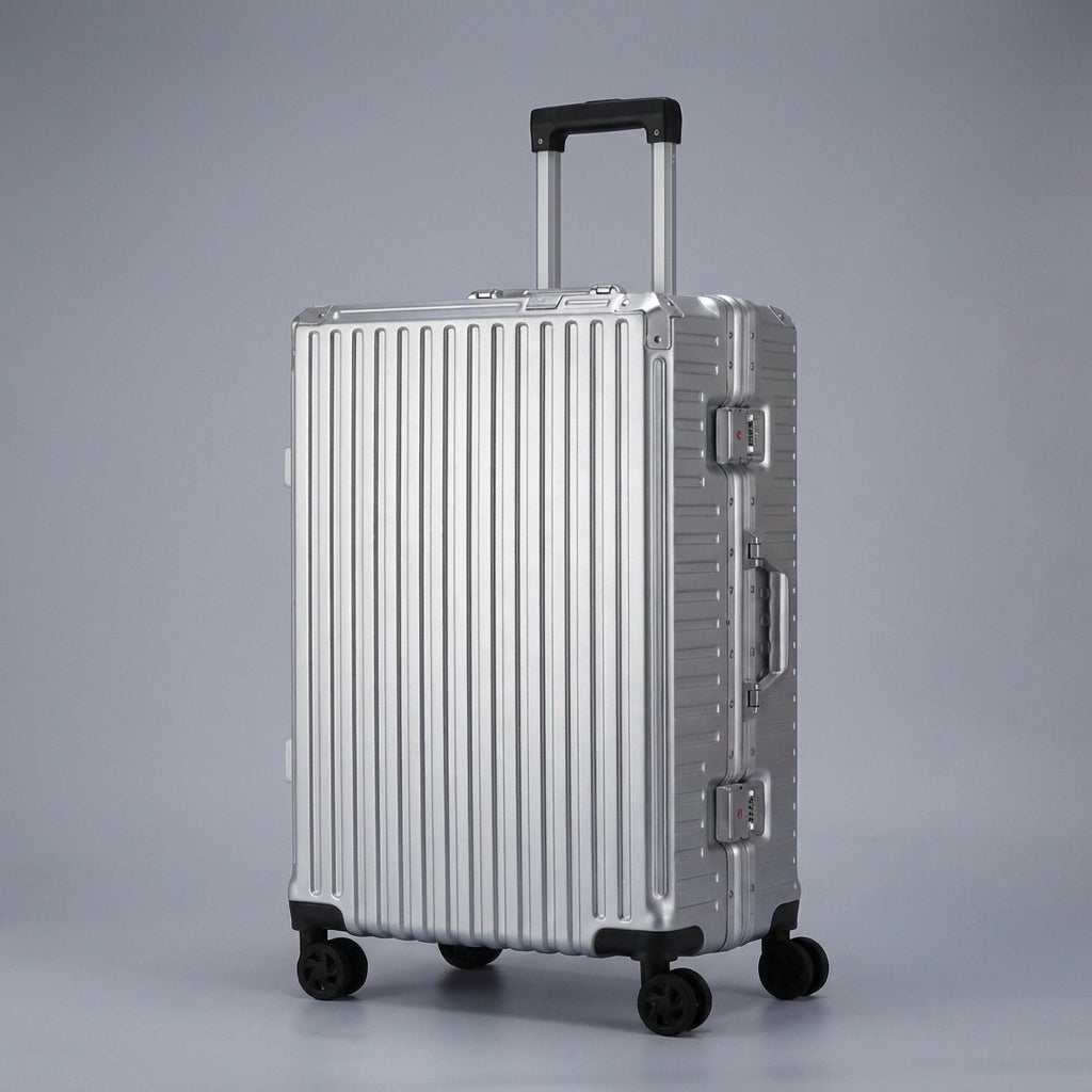 Sikker rejsekuffert med hård skal, robust aluminiumsramme og TSA-lås; holder din bagage tryg.