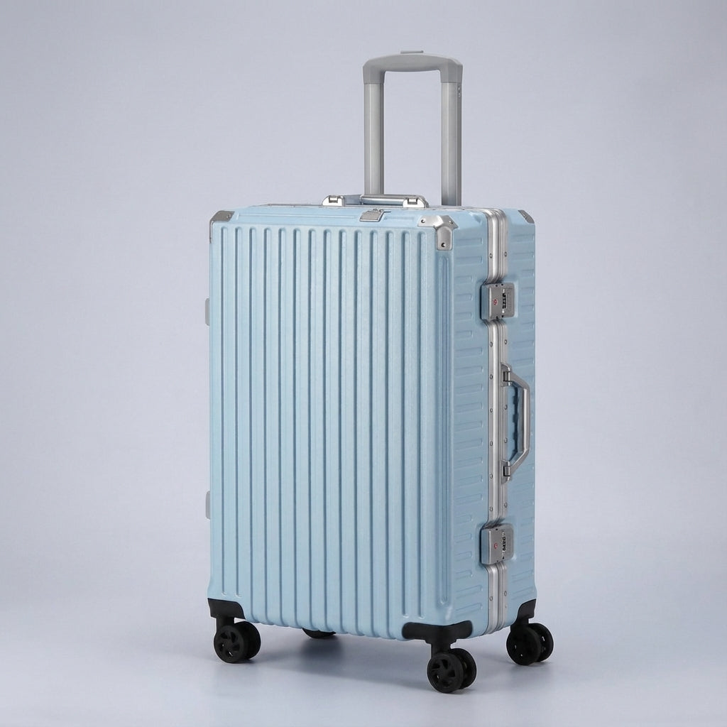 Moderne rejsekuffert med USB-opladning og integreret TSA-lås; stilfuld hård skal bagage til rejse.