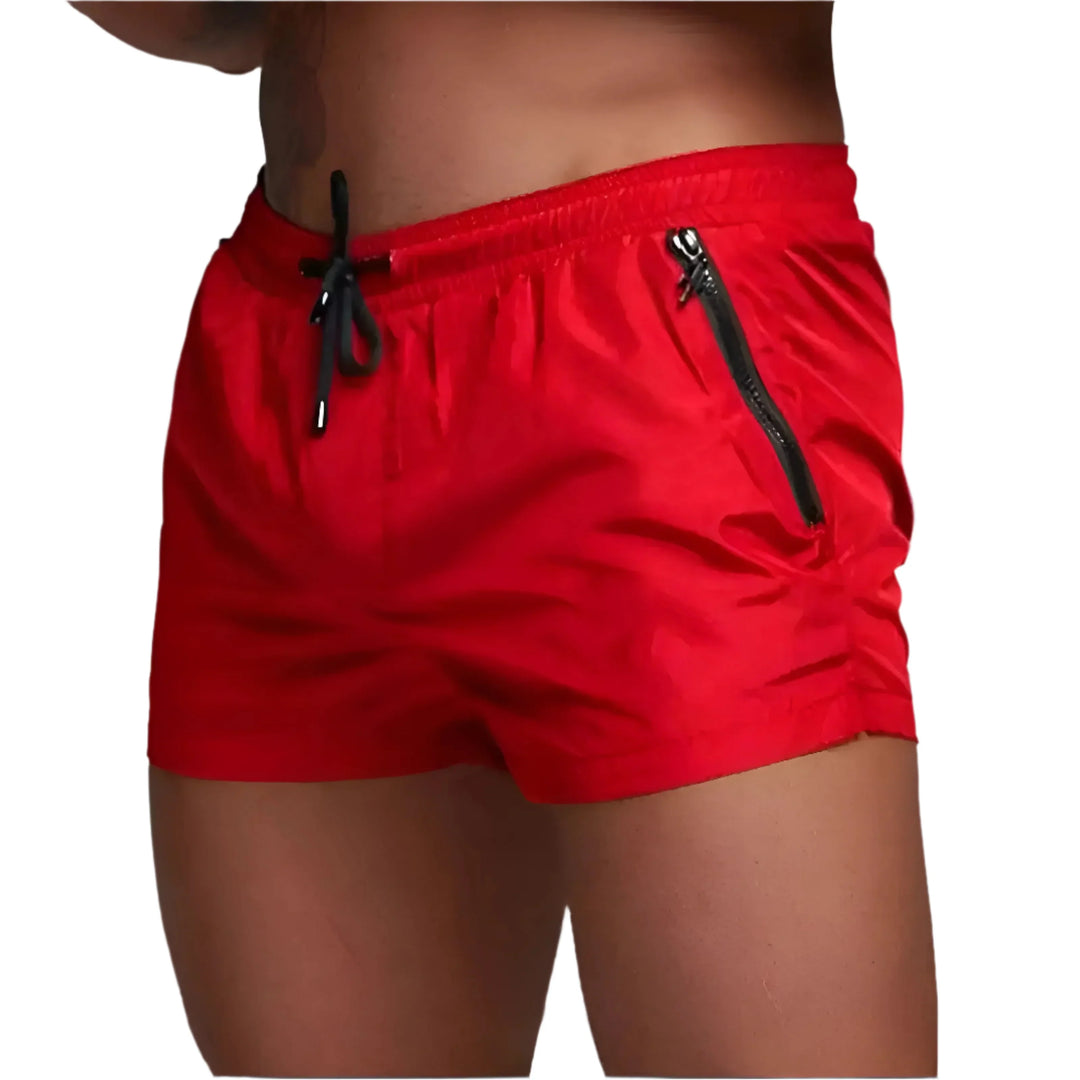 Mænds Røde Badeshorts med Lommeklap, justerbar snøre og elastisk linning