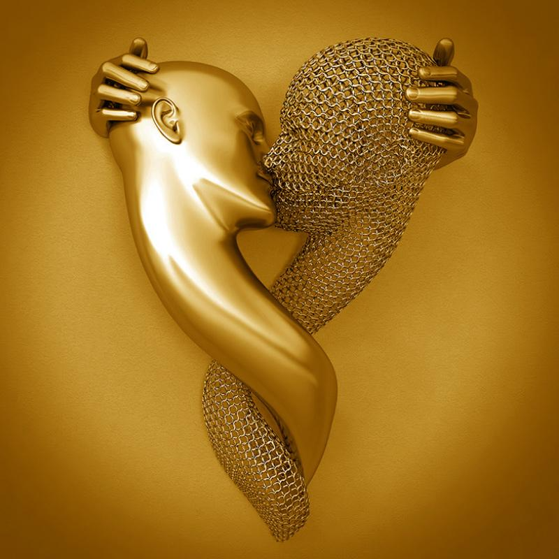 Moderne kunstprint med romantisk metalfigur, gråtoner, guld og sølvgrå nuancer. Til hjemmet.