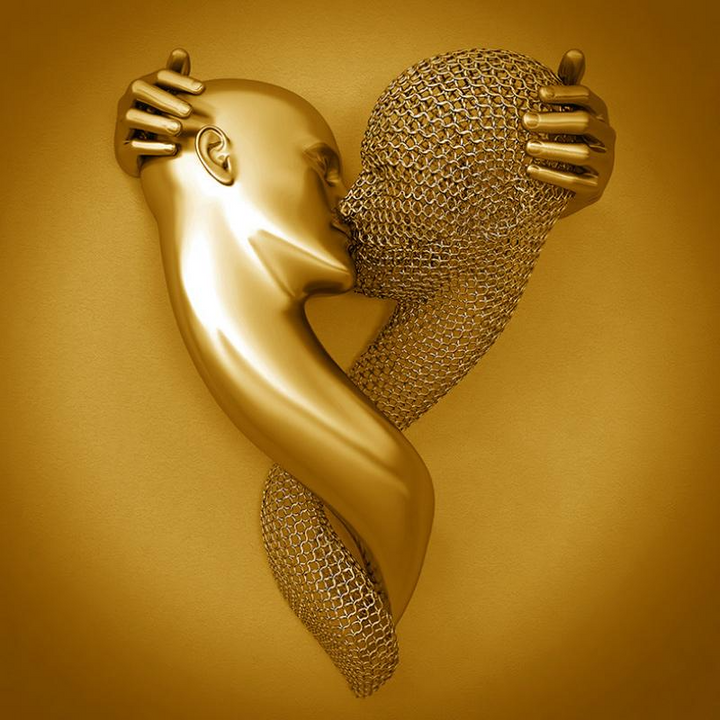 Moderne kunstprint med romantisk metalfigur, gråtoner, guld og sølvgrå nuancer. Til hjemmet.