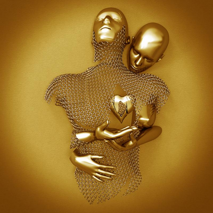 Romantisk kunsttryk med par-metalfigur, gråtoner og guld detaljer på lærred.