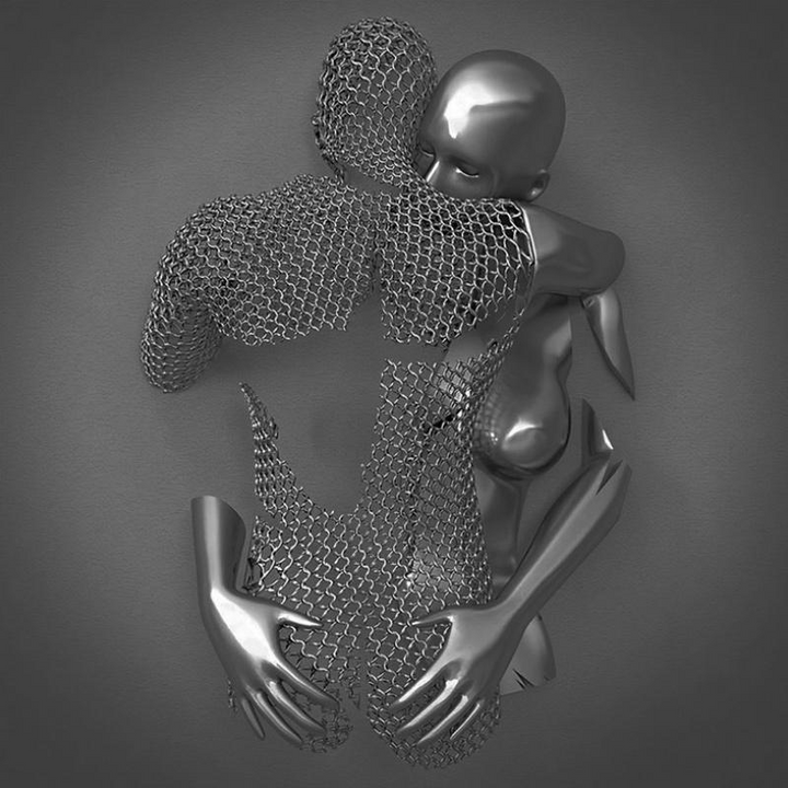 Stilfuld vægkunst med metalfigur. Canvasprint i romantisk design, gråtoner og guld.