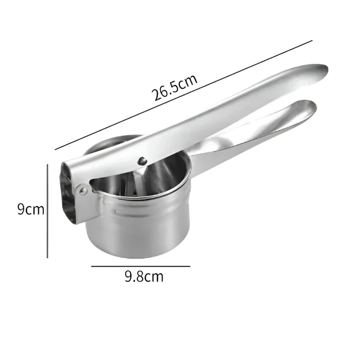 "Rustfri stål kartoffelpresser med ergonomisk håndtag for glat, klumpfri mos. Holdbart køkkenredskab til mosning."