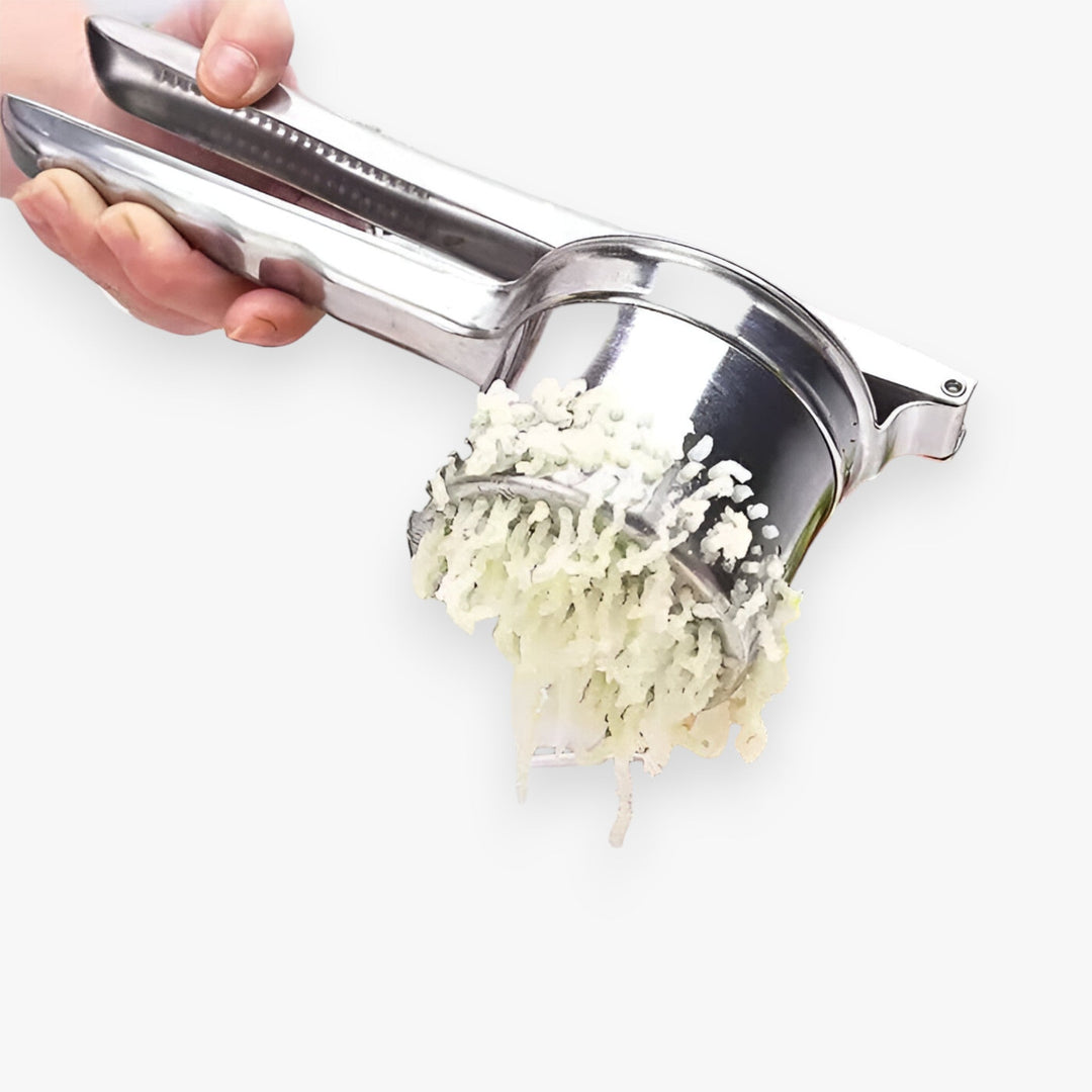 "Rustfri stål kartoffelpresser med ergonomisk håndtag for glat, klumpfri mos. Holdbart køkkenredskab til mosning."